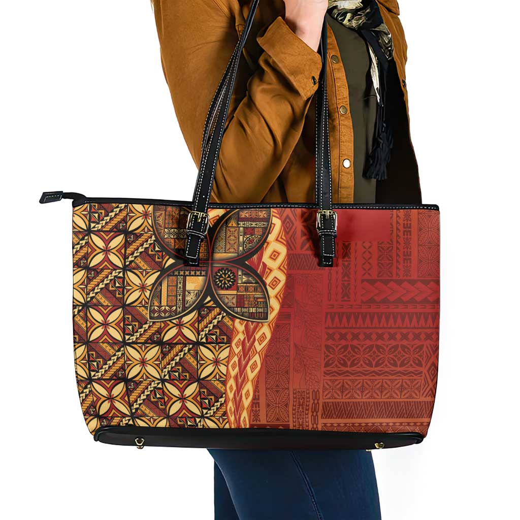 Samoan Pacific Tribal Flower Geometric Art Tattoos Leather Tote Bag Siapo Pattern Flame Sunset - Polynesian Pride