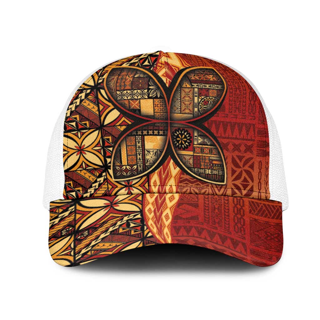 Samoan Pacific Tribal Flower Geometric Art Tattoos Mesh Trucker Cap Siapo Pattern Flame Sunset - Polynesian Pride