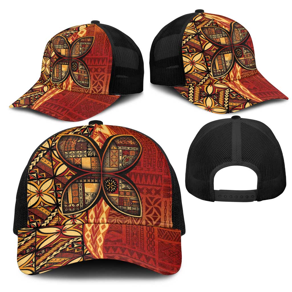 Samoan Pacific Tribal Flower Geometric Art Tattoos Mesh Trucker Cap Siapo Pattern Flame Sunset - Polynesian Pride