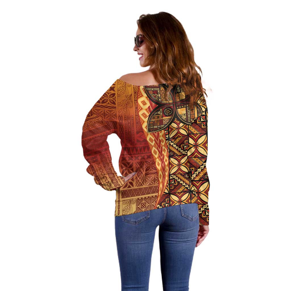 Samoan Pacific Tribal Flower Geometric Art Tattoos Off Shoulder Sweater Siapo Pattern Flame Sunset - Polynesian Pride