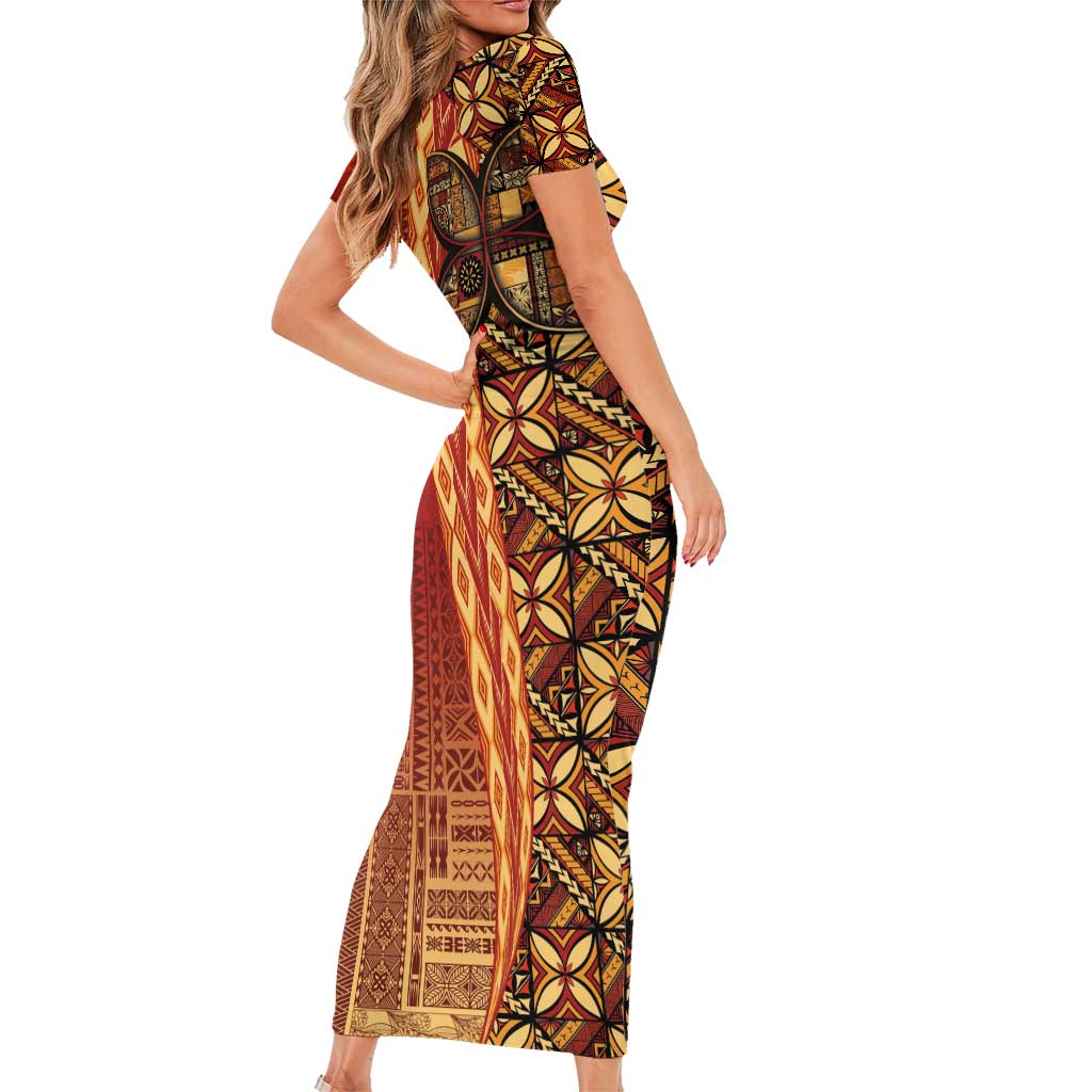 Samoan Pacific Tribal Flower Geometric Art Tattoos Short Sleeve Bodycon Dress Siapo Pattern Flame Sunset - Polynesian Pride