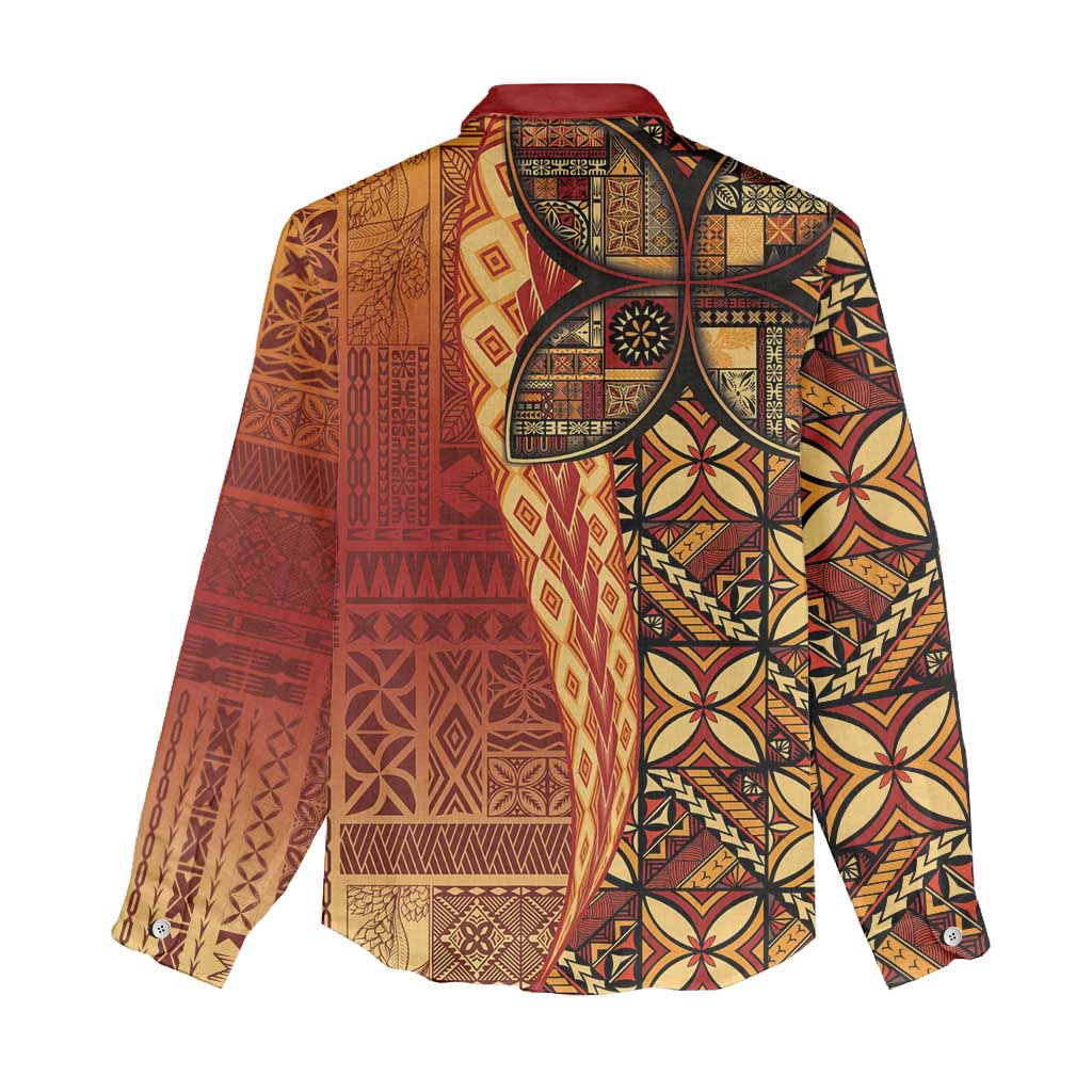 Samoan Pacific Tribal Flower Geometric Art Tattoos Women Casual Shirt Siapo Pattern Flame Sunset - Polynesian Pride