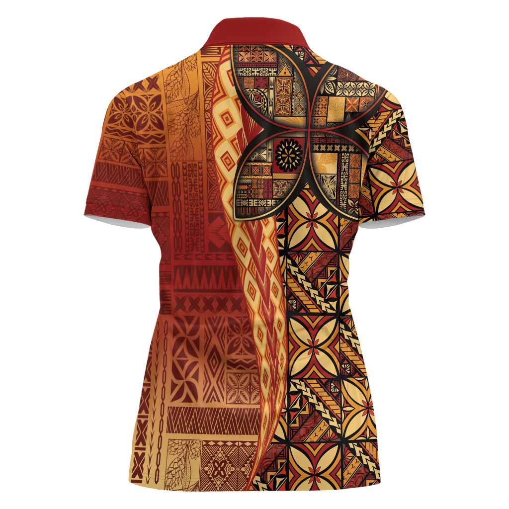 Samoan Pacific Tribal Flower Geometric Art Tattoos Women Polo Shirt Siapo Pattern Flame Sunset - Polynesian Pride