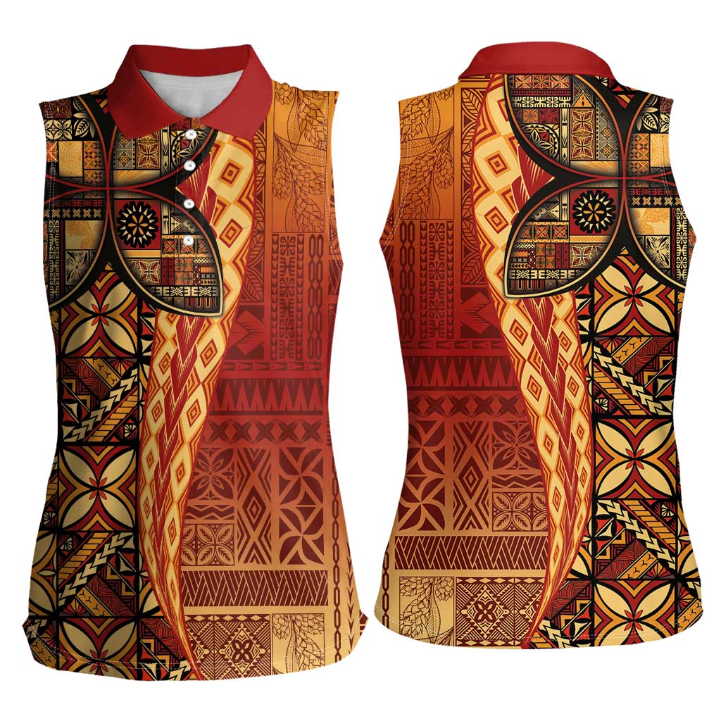 Samoan Pacific Tribal Flower Geometric Art Tattoos Women Sleeveless Polo Shirt Siapo Pattern Flame Sunset LT03 - Polynesian Pride