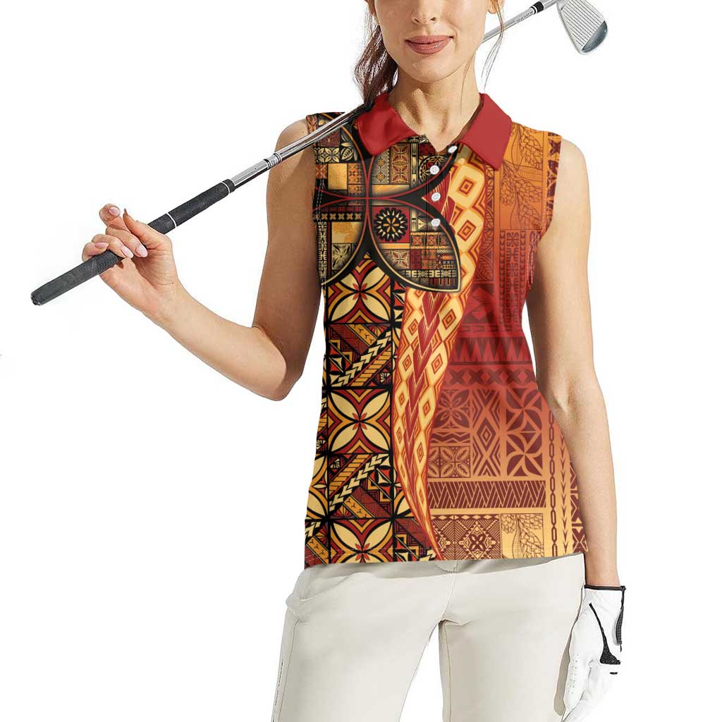Samoan Pacific Tribal Flower Geometric Art Tattoos Women Sleeveless Polo Shirt Siapo Pattern Flame Sunset LT03 - Polynesian Pride