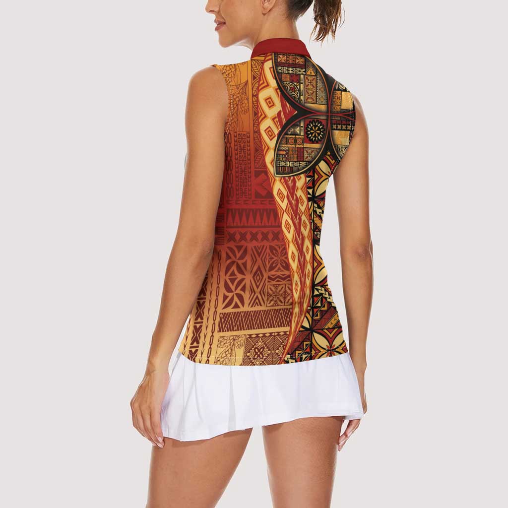 Samoan Pacific Tribal Flower Geometric Art Tattoos Women Sleeveless Polo Shirt Siapo Pattern Flame Sunset LT03 - Polynesian Pride