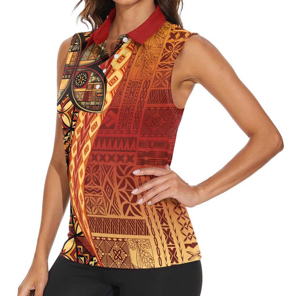 Samoan Pacific Tribal Flower Geometric Art Tattoos Women Sleeveless Polo Shirt Siapo Pattern Flame Sunset LT03 - Polynesian Pride