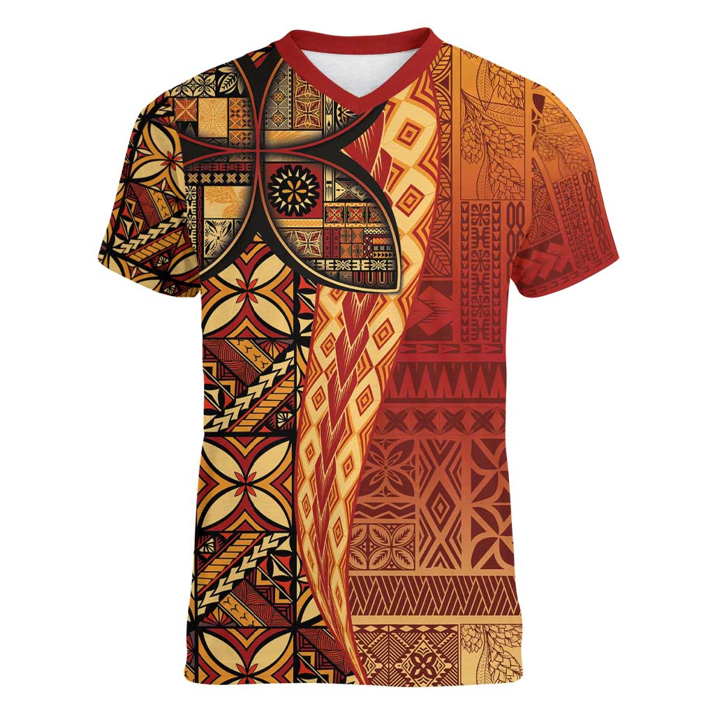 Samoan Pacific Tribal Flower Geometric Art Tattoos Women V-Neck T-Shirt Siapo Pattern Flame Sunset LT03 Female Red - Polynesian Pride