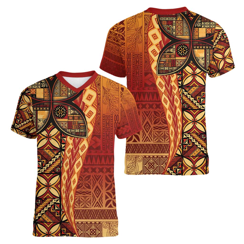 Samoan Pacific Tribal Flower Geometric Art Tattoos Women V-Neck T-Shirt Siapo Pattern Flame Sunset LT03 - Polynesian Pride