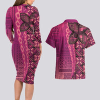 Samoan Pacific Tribal Flower Geometric Art Tattoos Couples Matching Long Sleeve Bodycon Dress and Hawaiian Shirt Siapo Pattern Romantic Rose LT03 - Polynesian Pride