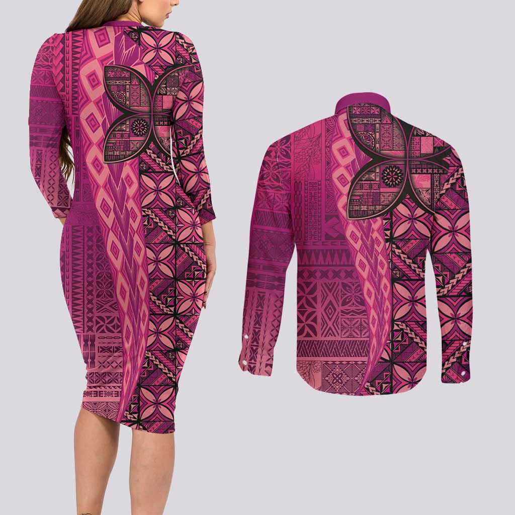 Samoan Pacific Tribal Flower Geometric Art Tattoos Couples Matching Long Sleeve Bodycon Dress and Long Sleeve Button Shirt Siapo Pattern Romantic Rose LT03 - Polynesian Pride