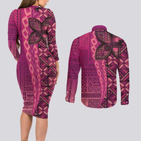 Samoan Pacific Tribal Flower Geometric Art Tattoos Couples Matching Long Sleeve Bodycon Dress and Long Sleeve Button Shirt Siapo Pattern Romantic Rose LT03 - Polynesian Pride