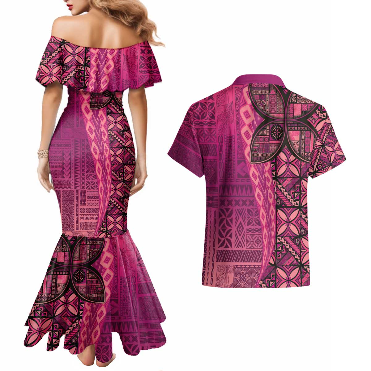 Samoan Pacific Tribal Flower Geometric Art Tattoos Couples Matching Mermaid Dress and Hawaiian Shirt Siapo Pattern Romantic Rose LT03 - Polynesian Pride