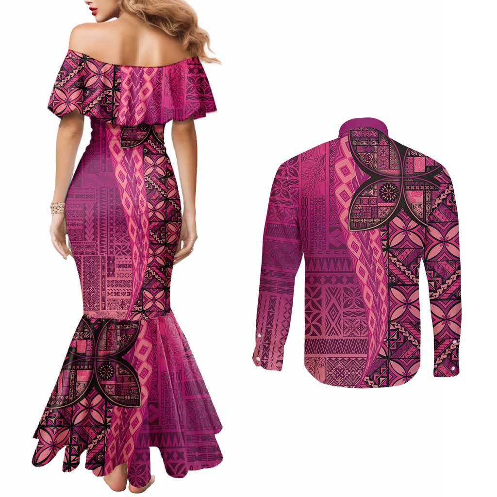Samoan Pacific Tribal Flower Geometric Art Tattoos Couples Matching Mermaid Dress and Long Sleeve Button Shirt Siapo Pattern Romantic Rose LT03 - Polynesian Pride