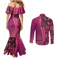 Samoan Pacific Tribal Flower Geometric Art Tattoos Couples Matching Mermaid Dress and Long Sleeve Button Shirt Siapo Pattern Romantic Rose LT03 - Polynesian Pride