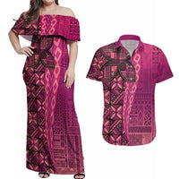 Samoan Pacific Tribal Flower Geometric Art Tattoos Couples Matching Off Shoulder Maxi Dress and Hawaiian Shirt Siapo Pattern Romantic Rose LT03 Pink - Polynesian Pride