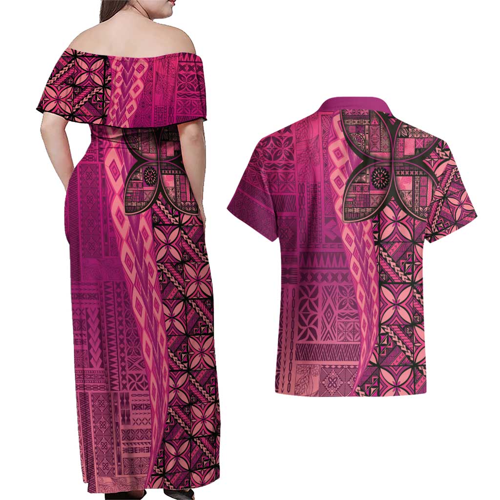 Samoan Pacific Tribal Flower Geometric Art Tattoos Couples Matching Off Shoulder Maxi Dress and Hawaiian Shirt Siapo Pattern Romantic Rose LT03 - Polynesian Pride