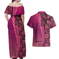 Samoan Pacific Tribal Flower Geometric Art Tattoos Couples Matching Off Shoulder Maxi Dress and Hawaiian Shirt Siapo Pattern Romantic Rose LT03 - Polynesian Pride