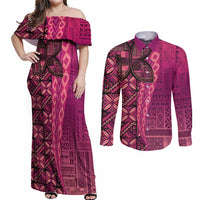 Samoan Pacific Tribal Flower Geometric Art Tattoos Couples Matching Off Shoulder Maxi Dress and Long Sleeve Button Shirt Siapo Pattern Romantic Rose LT03 Pink - Polynesian Pride