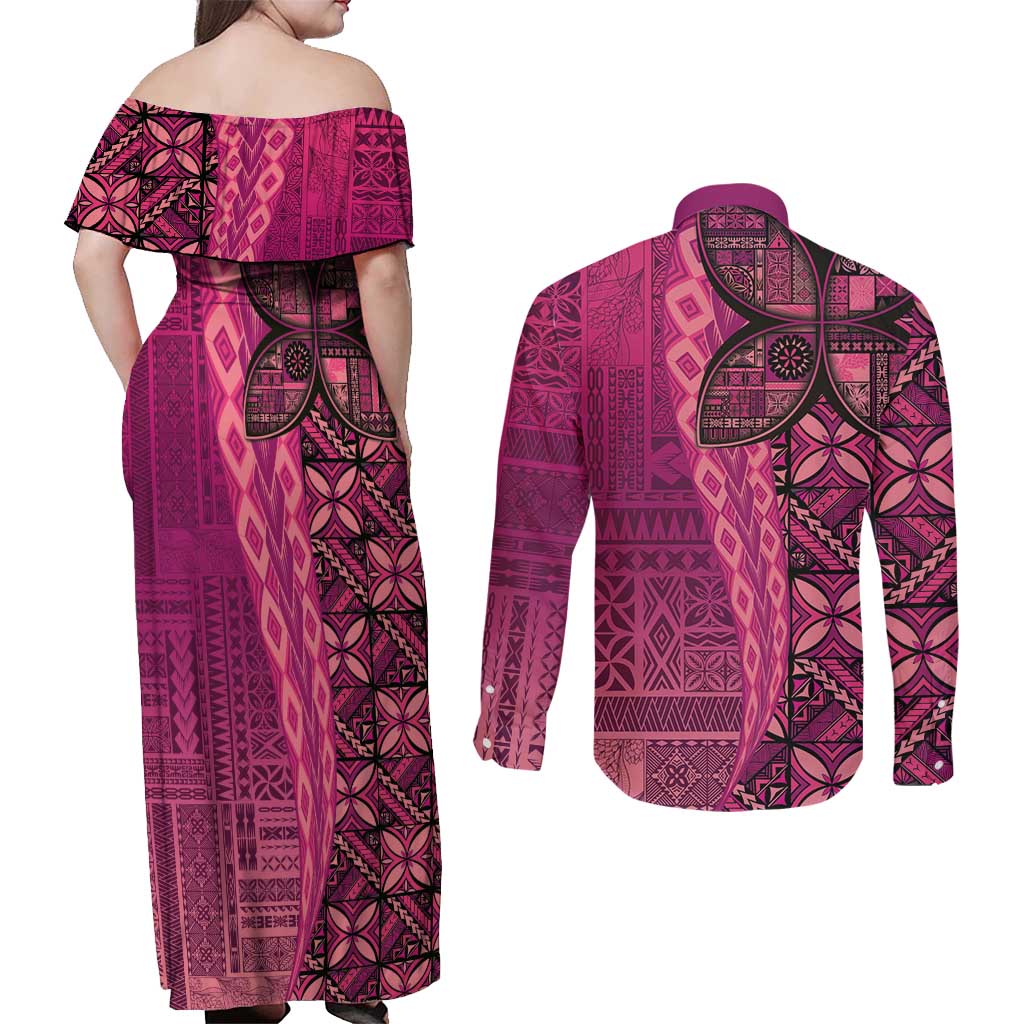 Samoan Pacific Tribal Flower Geometric Art Tattoos Couples Matching Off Shoulder Maxi Dress and Long Sleeve Button Shirt Siapo Pattern Romantic Rose LT03 - Polynesian Pride