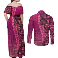 Samoan Pacific Tribal Flower Geometric Art Tattoos Couples Matching Off Shoulder Maxi Dress and Long Sleeve Button Shirt Siapo Pattern Romantic Rose LT03 - Polynesian Pride