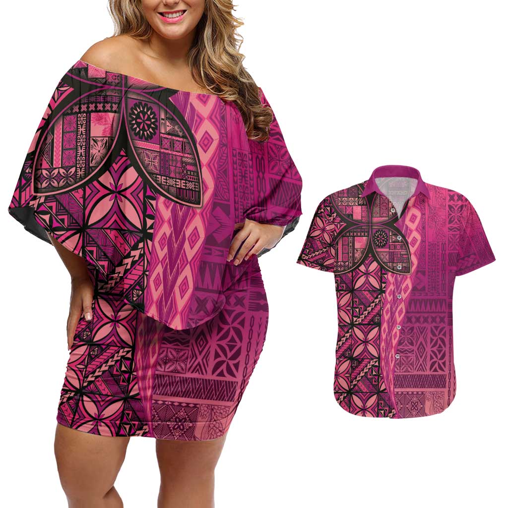 Samoan Pacific Tribal Flower Geometric Art Tattoos Couples Matching Off Shoulder Short Dress and Hawaiian Shirt Siapo Pattern Romantic Rose LT03 Pink - Polynesian Pride