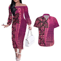 Samoan Pacific Tribal Flower Geometric Art Tattoos Couples Matching Off The Shoulder Long Sleeve Dress and Hawaiian Shirt Siapo Pattern Romantic Rose LT03 Pink - Polynesian Pride