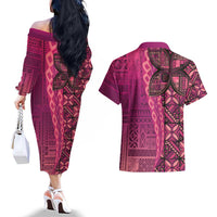 Samoan Pacific Tribal Flower Geometric Art Tattoos Couples Matching Off The Shoulder Long Sleeve Dress and Hawaiian Shirt Siapo Pattern Romantic Rose LT03 - Polynesian Pride