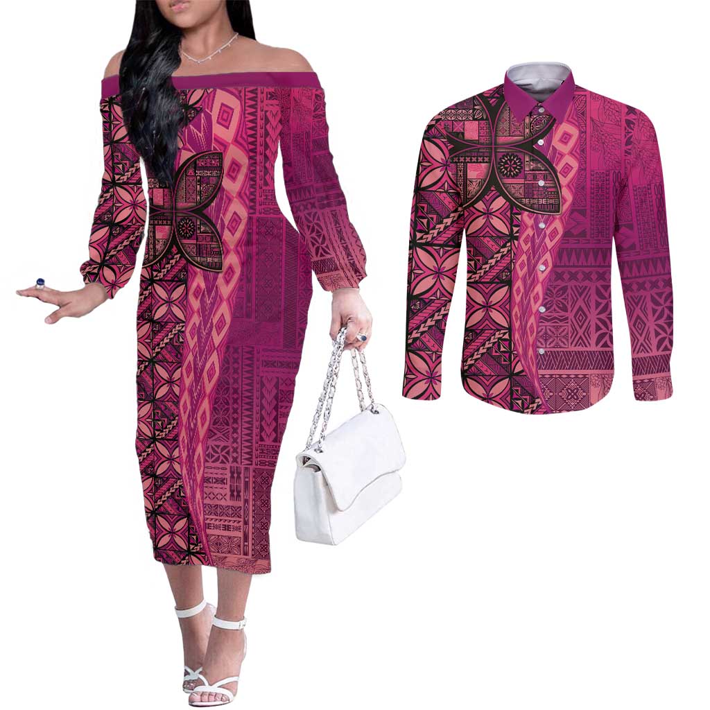 Samoan Pacific Tribal Flower Geometric Art Tattoos Couples Matching Off The Shoulder Long Sleeve Dress and Long Sleeve Button Shirt Siapo Pattern Romantic Rose LT03 Pink - Polynesian Pride