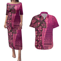 Samoan Pacific Tribal Flower Geometric Art Tattoos Couples Matching Puletasi and Hawaiian Shirt Siapo Pattern Romantic Rose LT03 Pink - Polynesian Pride