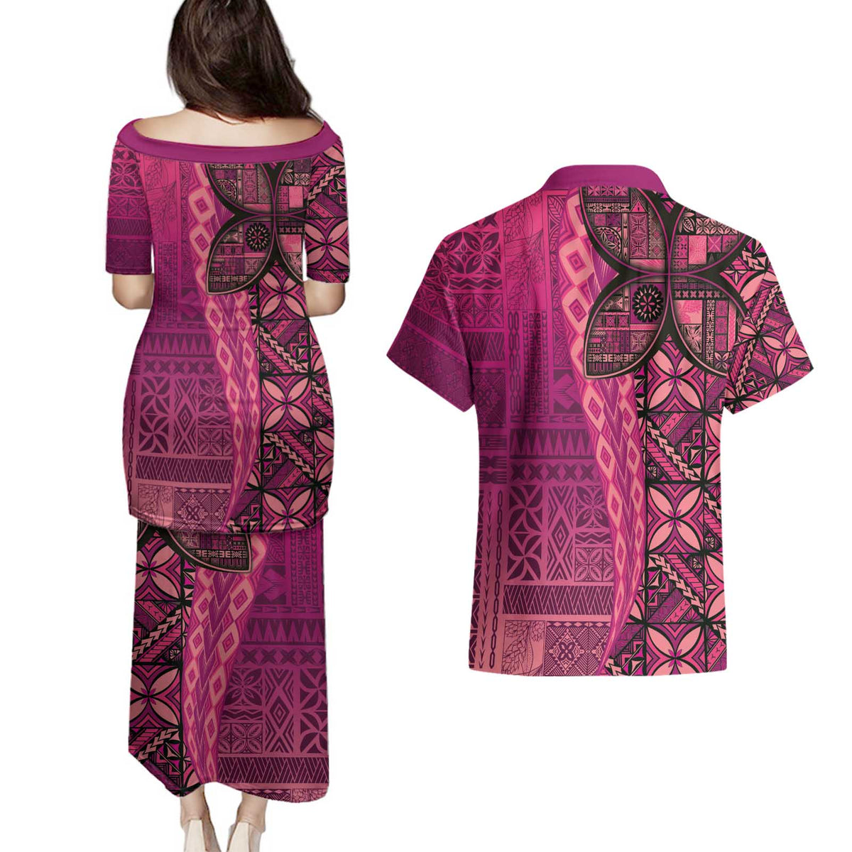 Samoan Pacific Tribal Flower Geometric Art Tattoos Couples Matching Puletasi and Hawaiian Shirt Siapo Pattern Romantic Rose LT03 - Polynesian Pride