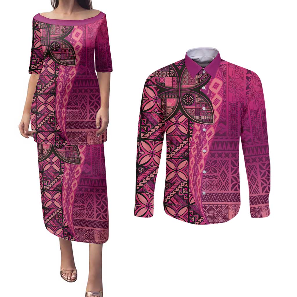 Samoan Pacific Tribal Flower Geometric Art Tattoos Couples Matching Puletasi and Long Sleeve Button Shirt Siapo Pattern Romantic Rose - Polynesian Pride
