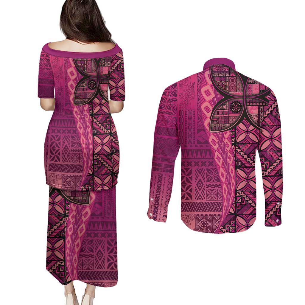 Samoan Pacific Tribal Flower Geometric Art Tattoos Couples Matching Puletasi and Long Sleeve Button Shirt Siapo Pattern Romantic Rose - Polynesian Pride