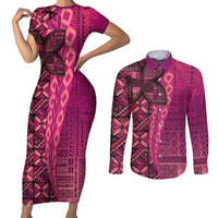 Samoan Pacific Tribal Flower Geometric Art Tattoos Couples Matching Short Sleeve Bodycon Dress and Long Sleeve Button Shirt Siapo Pattern Romantic Rose LT03 Pink - Polynesian Pride