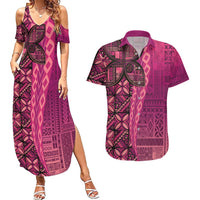 Samoan Pacific Tribal Flower Geometric Art Tattoos Couples Matching Summer Maxi Dress and Hawaiian Shirt Siapo Pattern Romantic Rose LT03 Pink - Polynesian Pride