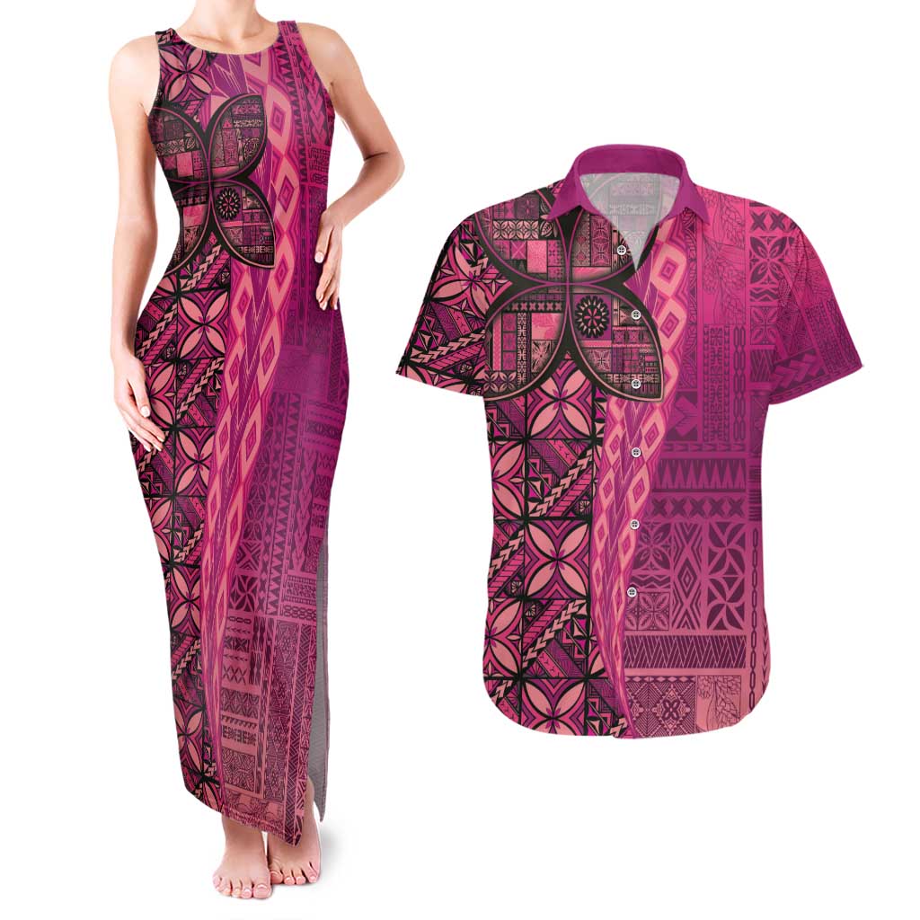 Samoan Pacific Tribal Flower Geometric Art Tattoos Couples Matching Tank Maxi Dress and Hawaiian Shirt Siapo Pattern Romantic Rose LT03 Pink - Polynesian Pride