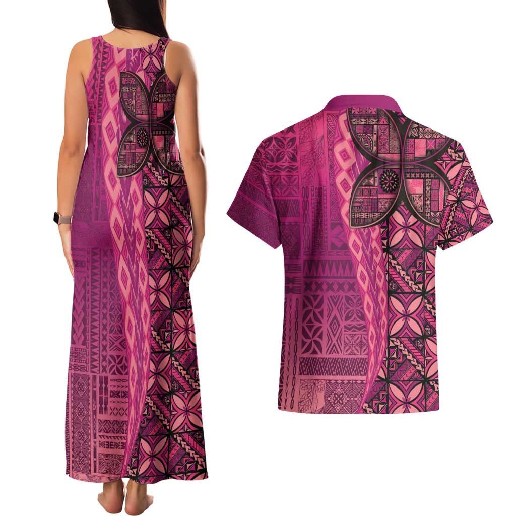 Samoan Pacific Tribal Flower Geometric Art Tattoos Couples Matching Tank Maxi Dress and Hawaiian Shirt Siapo Pattern Romantic Rose LT03 - Polynesian Pride