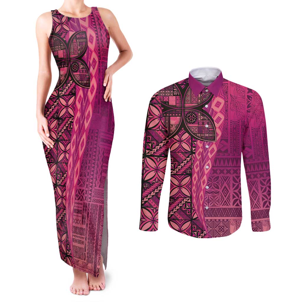 Samoan Pacific Tribal Flower Geometric Art Tattoos Couples Matching Tank Maxi Dress and Long Sleeve Button Shirt Siapo Pattern Romantic Rose LT03 Pink - Polynesian Pride