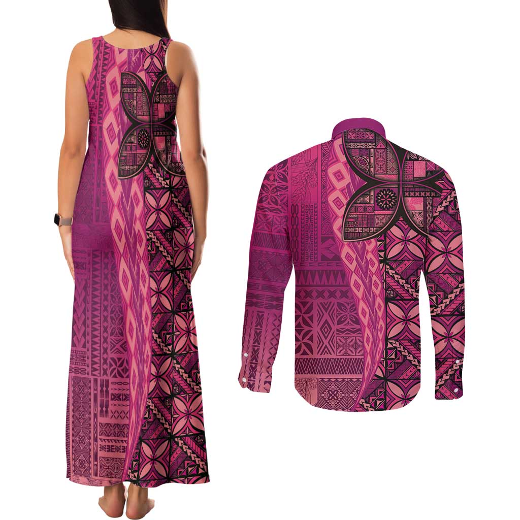 Samoan Pacific Tribal Flower Geometric Art Tattoos Couples Matching Tank Maxi Dress and Long Sleeve Button Shirt Siapo Pattern Romantic Rose LT03 - Polynesian Pride