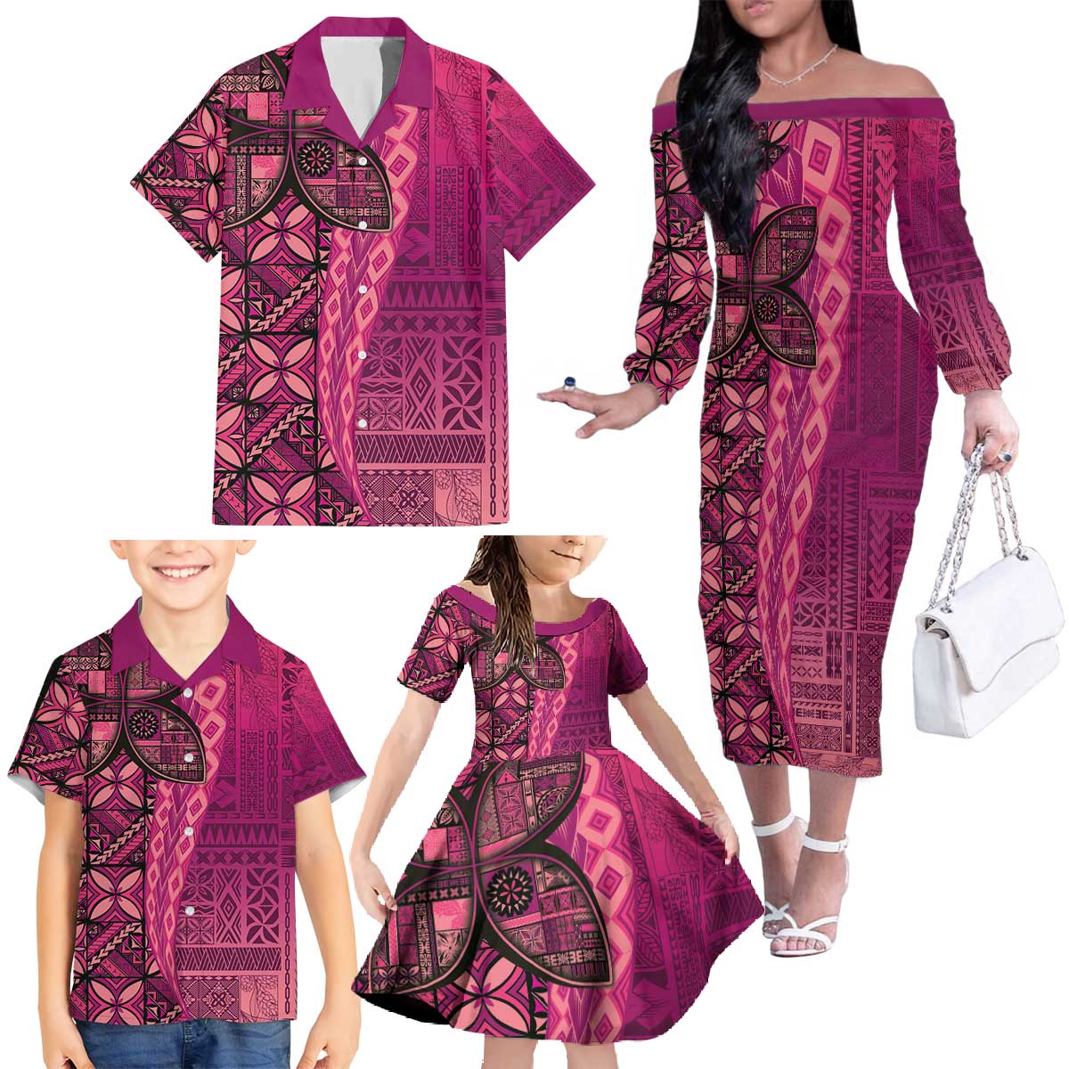 Samoan Pacific Tribal Flower Geometric Art Tattoos Family Matching Off The Shoulder Long Sleeve Dress and Hawaiian Shirt Siapo Pattern Romantic Rose LT03 - Polynesian Pride