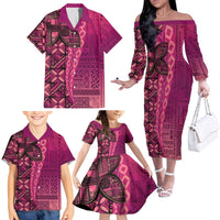 Samoan Pacific Tribal Flower Geometric Art Tattoos Family Matching Off The Shoulder Long Sleeve Dress and Hawaiian Shirt Siapo Pattern Romantic Rose LT03 - Polynesian Pride