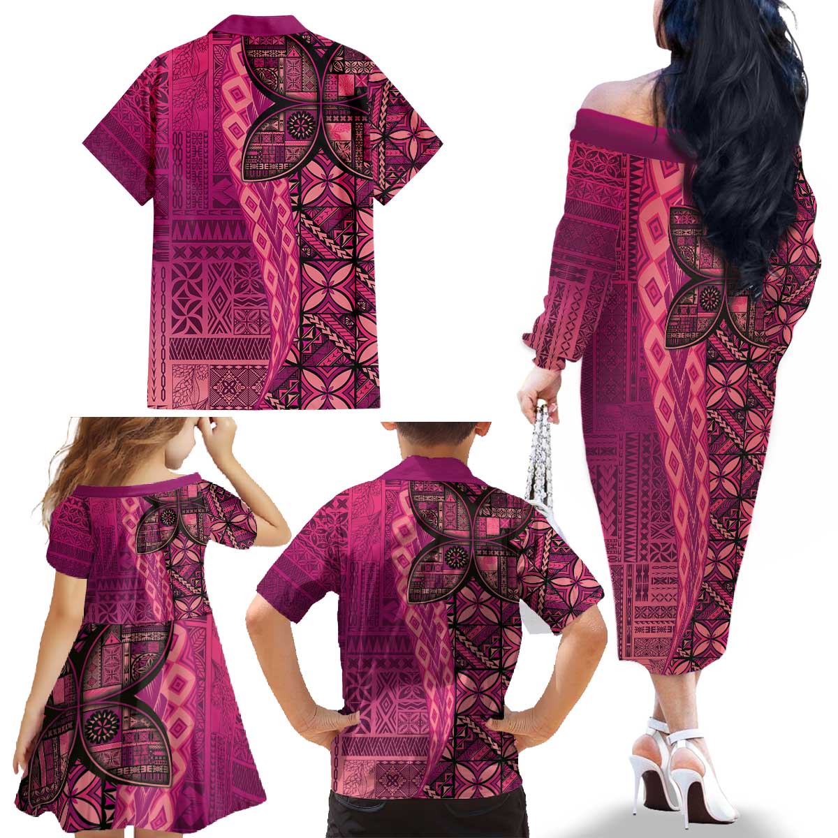 Samoan Pacific Tribal Flower Geometric Art Tattoos Family Matching Off The Shoulder Long Sleeve Dress and Hawaiian Shirt Siapo Pattern Romantic Rose LT03 - Polynesian Pride