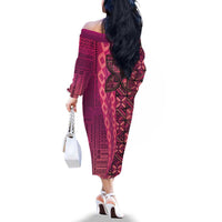 Samoan Pacific Tribal Flower Geometric Art Tattoos Family Matching Off The Shoulder Long Sleeve Dress and Hawaiian Shirt Siapo Pattern Romantic Rose LT03 - Polynesian Pride