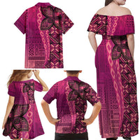 Samoan Pacific Tribal Flower Geometric Art Tattoos Family Matching Off Shoulder Maxi Dress and Hawaiian Shirt Siapo Pattern Romantic Rose LT03 - Polynesian Pride