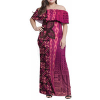 Samoan Pacific Tribal Flower Geometric Art Tattoos Family Matching Off Shoulder Maxi Dress and Hawaiian Shirt Siapo Pattern Romantic Rose LT03 Mom's Dress Pink - Polynesian Pride