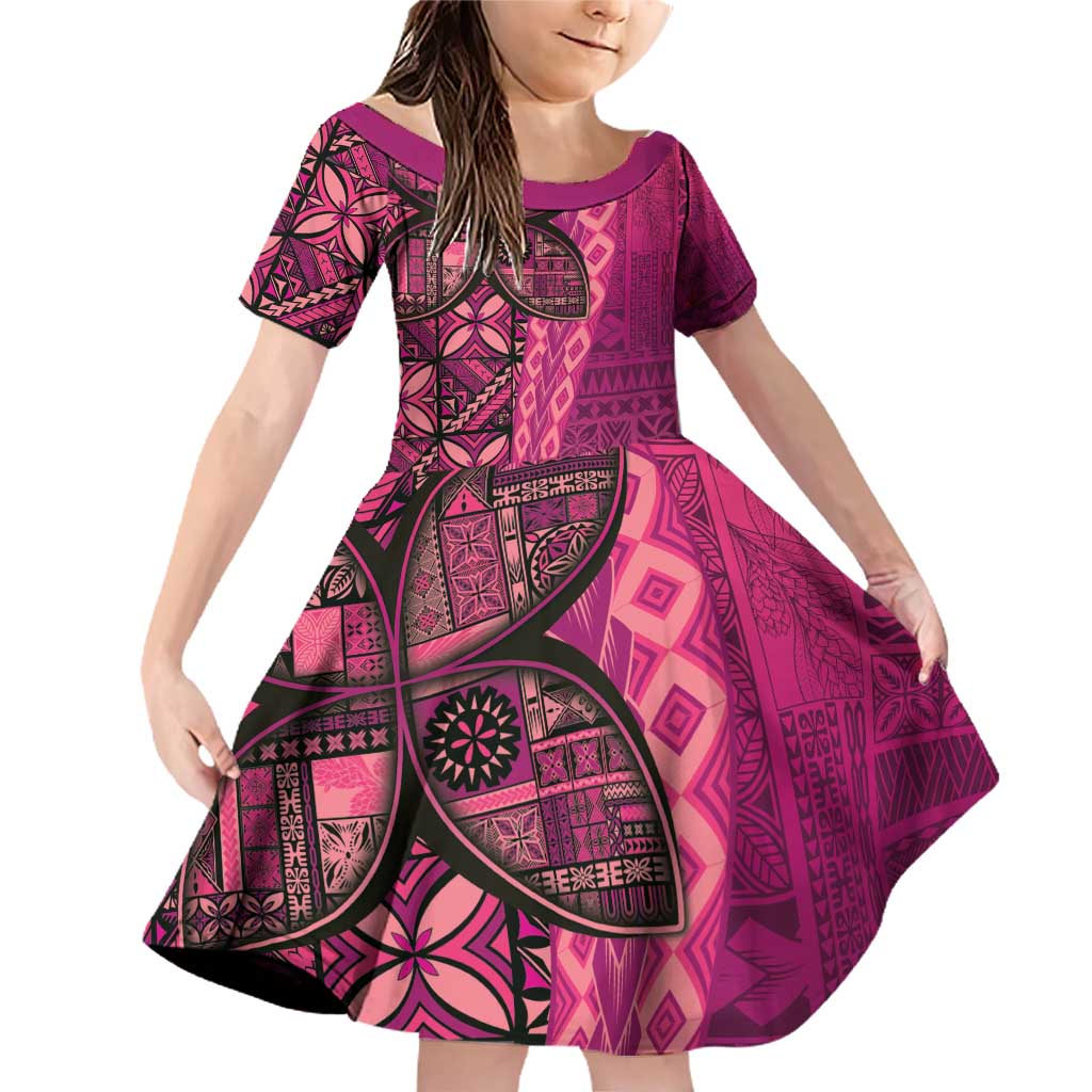 Samoan Pacific Tribal Flower Geometric Art Tattoos Family Matching Off Shoulder Short Dress and Hawaiian Shirt Siapo Pattern Romantic Rose LT03 Daughter's Dress Pink - Polynesian Pride