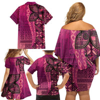 Samoan Pacific Tribal Flower Geometric Art Tattoos Family Matching Off Shoulder Short Dress and Hawaiian Shirt Siapo Pattern Romantic Rose LT03 - Polynesian Pride