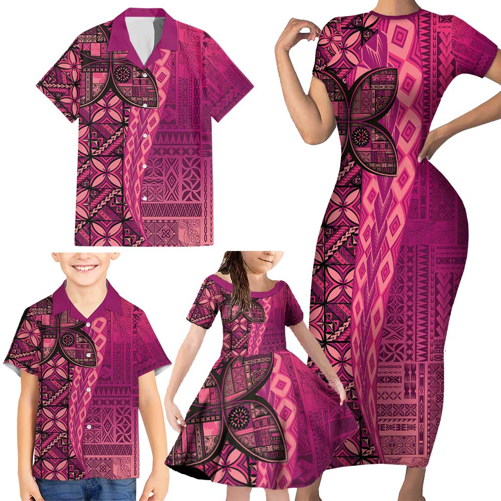 Samoan Pacific Tribal Flower Geometric Art Tattoos Family Matching Short Sleeve Bodycon Dress and Hawaiian Shirt Siapo Pattern Romantic Rose LT03 - Polynesian Pride