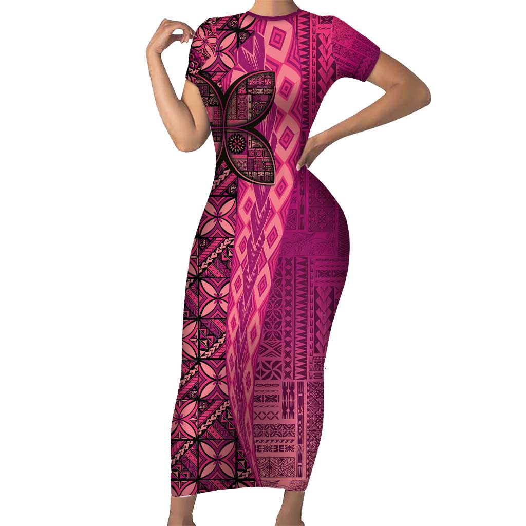Samoan Pacific Tribal Flower Geometric Art Tattoos Family Matching Short Sleeve Bodycon Dress and Hawaiian Shirt Siapo Pattern Romantic Rose LT03 Mom's Dress Pink - Polynesian Pride