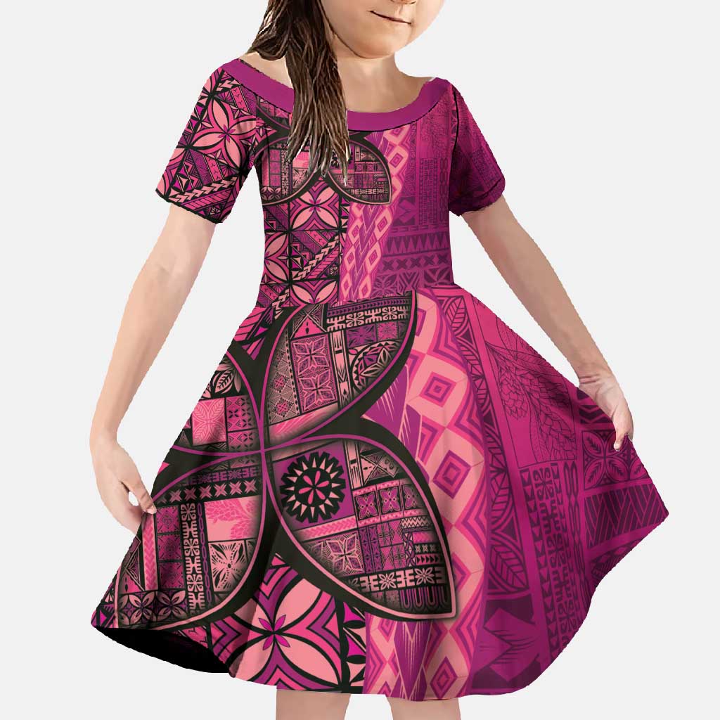 Samoan Pacific Tribal Flower Geometric Art Tattoos Family Matching Summer Maxi Dress and Hawaiian Shirt Siapo Pattern Romantic Rose LT03 Daughter's Dress Pink - Polynesian Pride